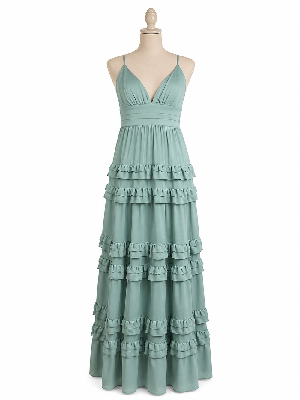 Lulus Romantic and Flowy Sage Ruffle Maxi Dress Tiered Feminine Wedding / Guest💍